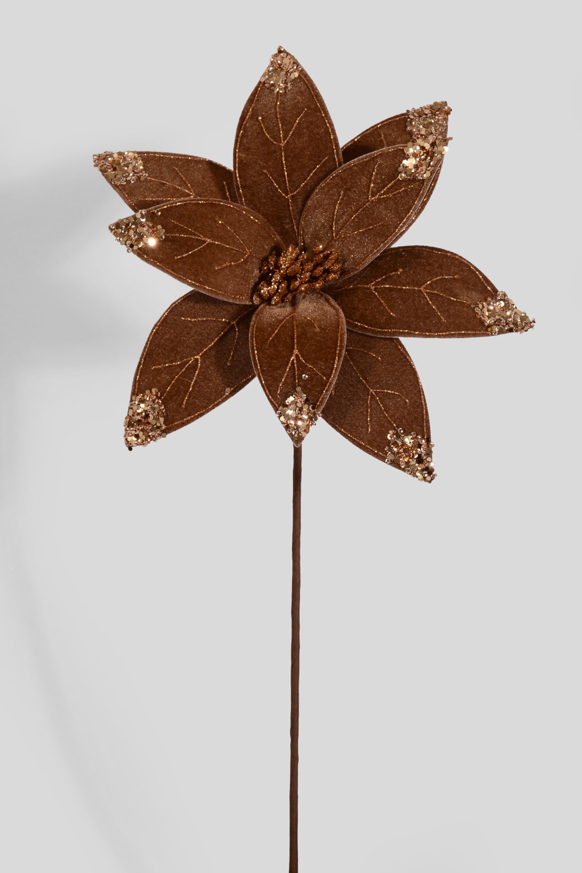 24" Velvet/Sequins Poinsettia Stem Brown