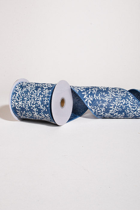 4" X 10Yds Wired Linen W/Glitter Leaf Swirls Ribbon Denim/White