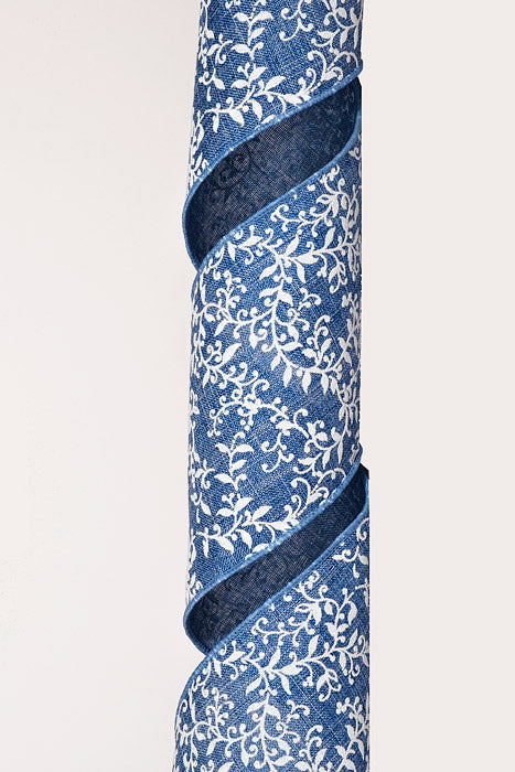 4" X 10Yds Wired Linen W/Glitter Leaf Swirls Ribbon Denim/White