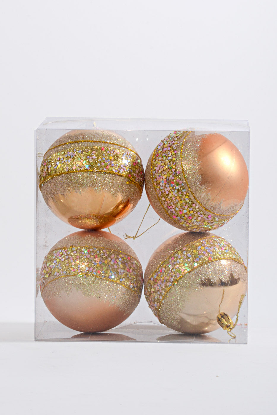 100MM Plastic Shiny/Matte W/Glitter/Sequin Ball Ornament Gold Box/4