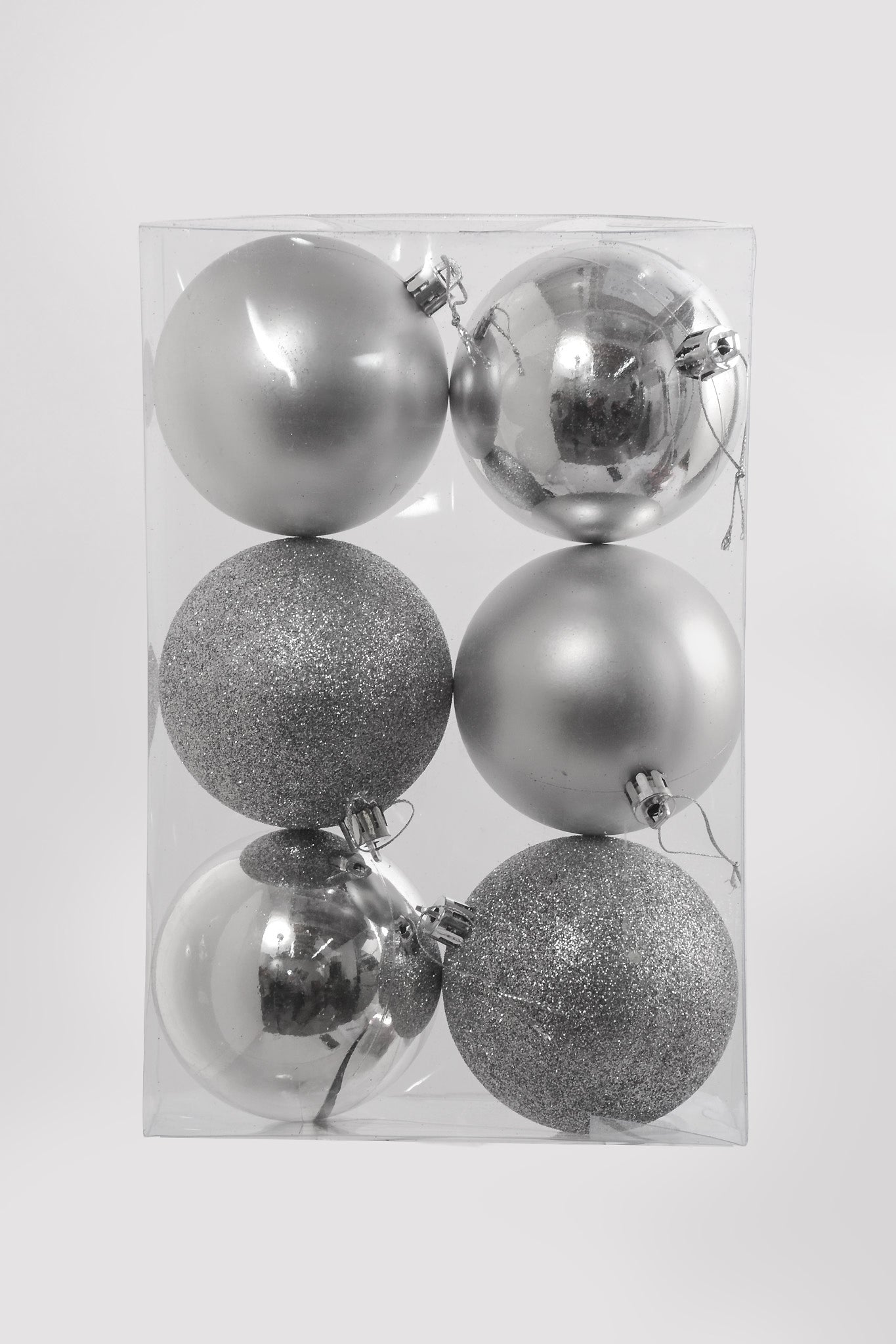 80Mm Shiny/Matte/Glitter Plastic Ornament Ball Silver Box/6