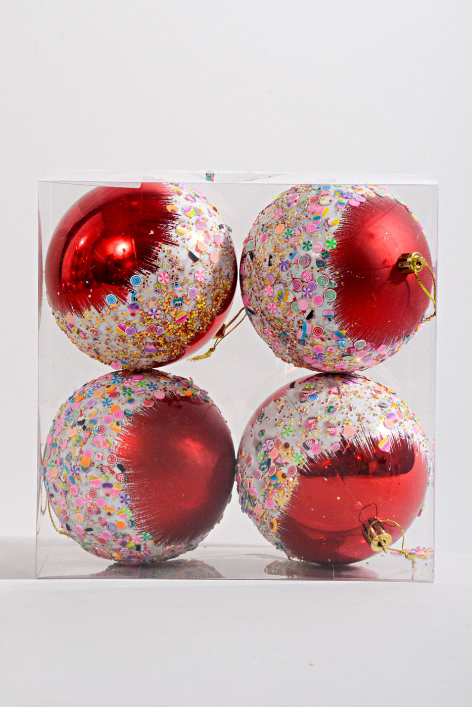100MM Plastic Shiny/Matte Ball with Candy Ornament Red Box/4