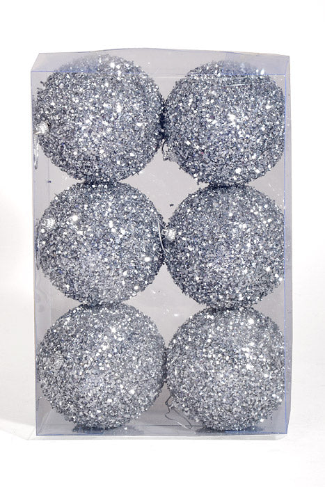 100Mm Ball with Glitter Ornament Silver Pkg/6