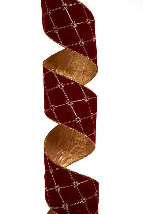 4" X 5Yds Wired Tufted Velvet With Jewel Ribbon Red/Gold