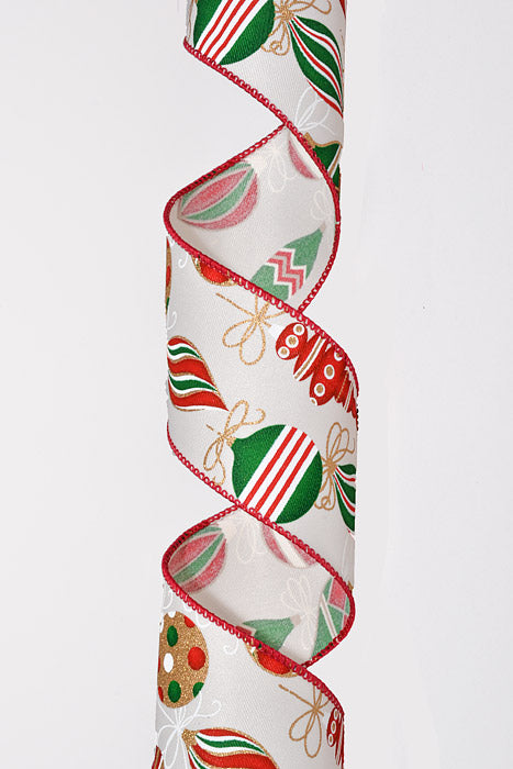 2.5" x 10Yds Wired Ivory Linen Ornament Ribbon Red/Green/Gold