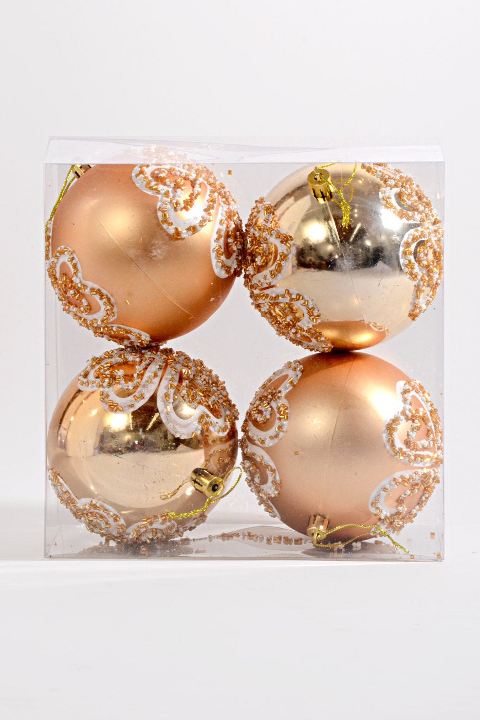 100MM Plastic Shiny/Matte Ball with Sequin Ornament Gold/White Box/4