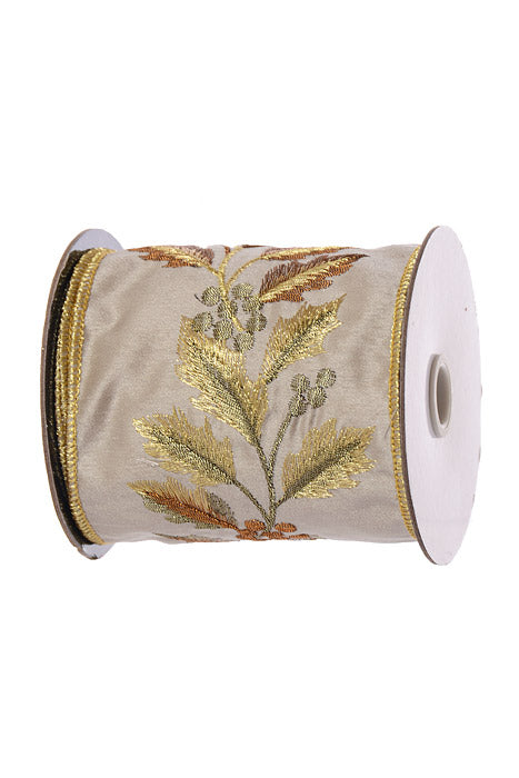 4" X 5Yds Wired Holly Vine Velvet Ribbon Champagne