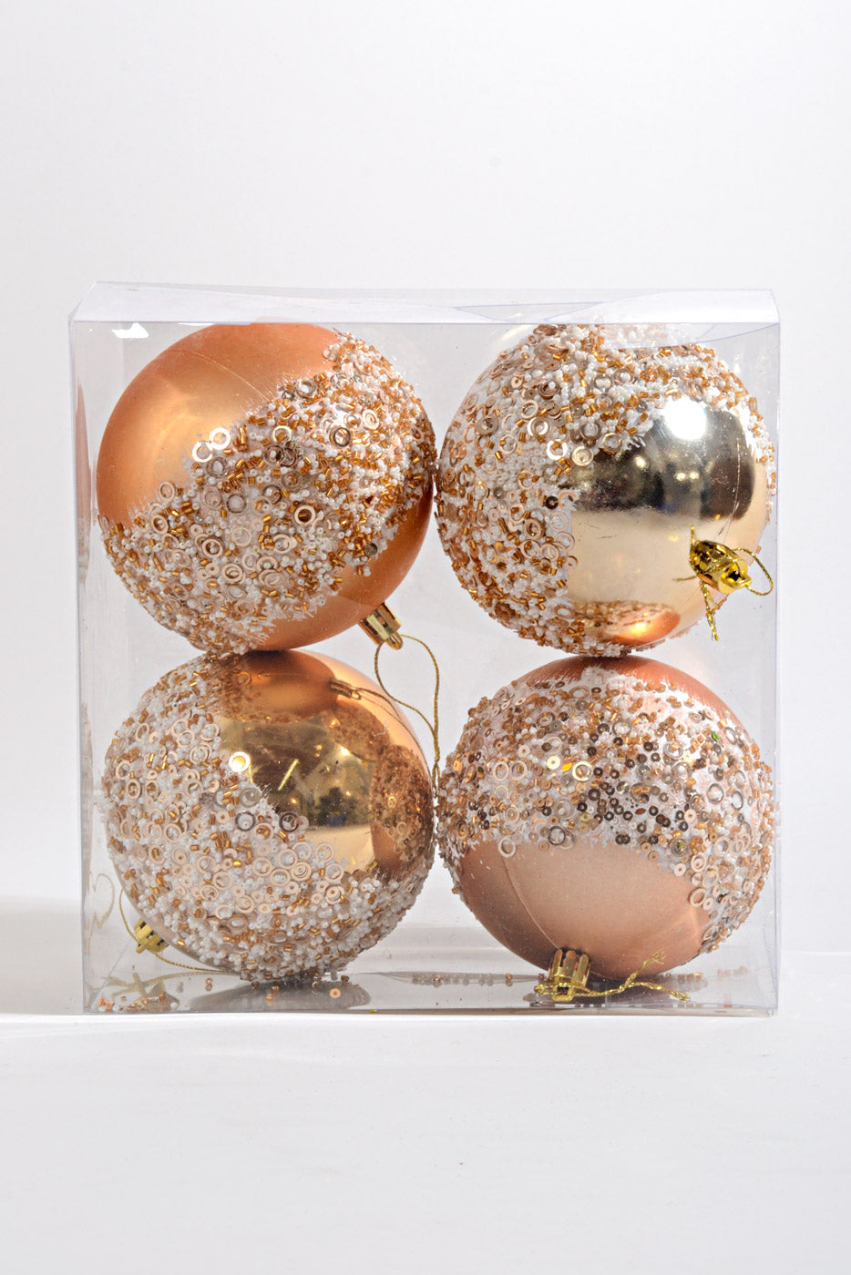 100MM Plastic Shiny/Matte Ball with Glitter Ornament Gold/White Box/4