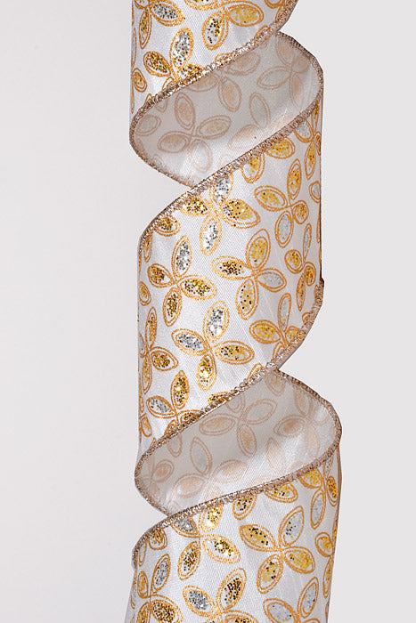 2.5" X 10Yds Wired Satin Silver/Gold Petals Ribbon Ivory