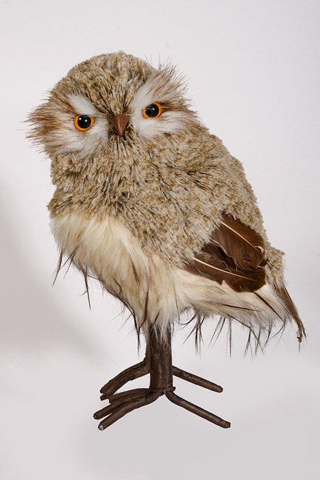 11.5" Winter Chalet Feather Owl Natural Cream