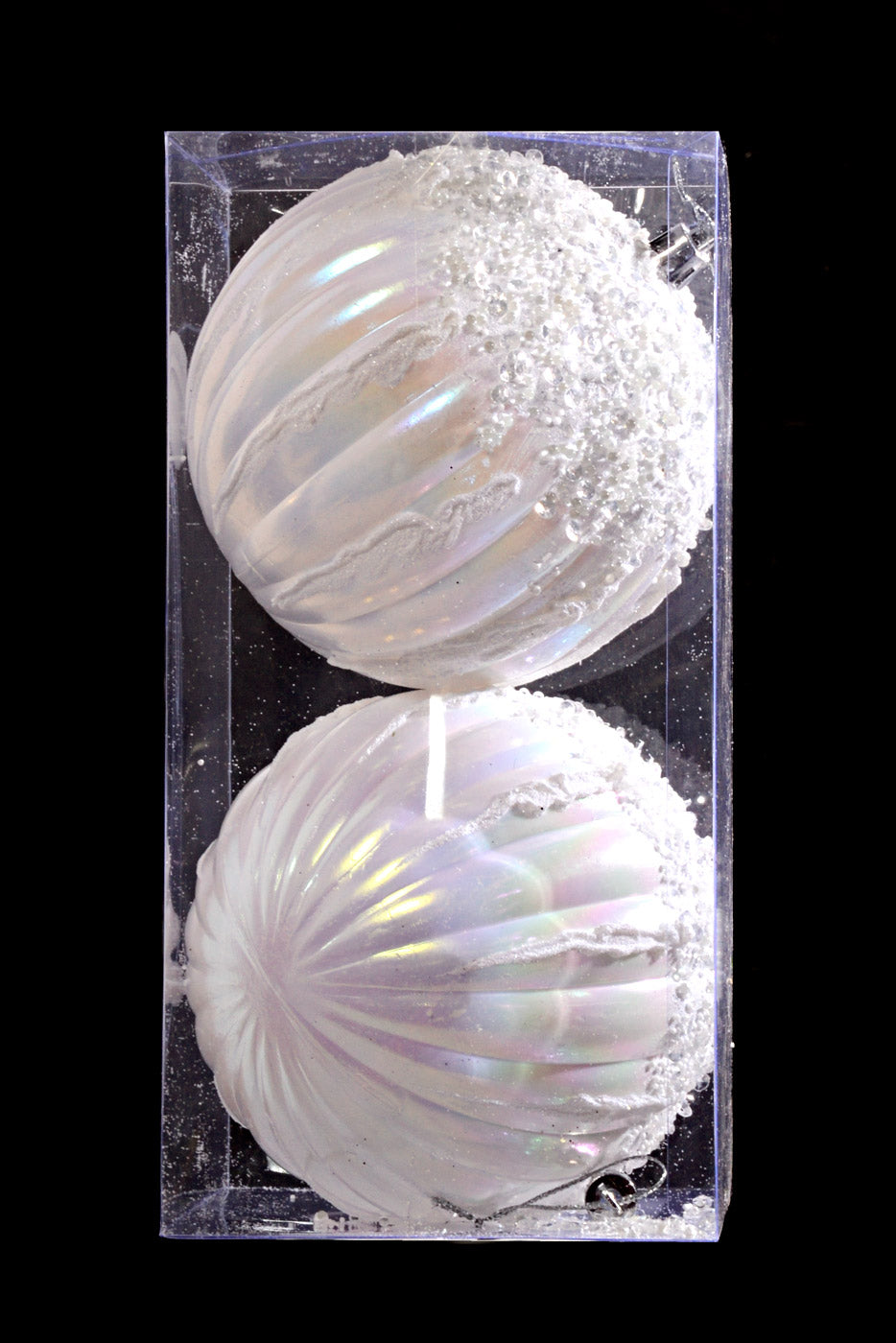 120MM Plastic Iridescent Ball Ornament W/Snow/Sequin White Box/2