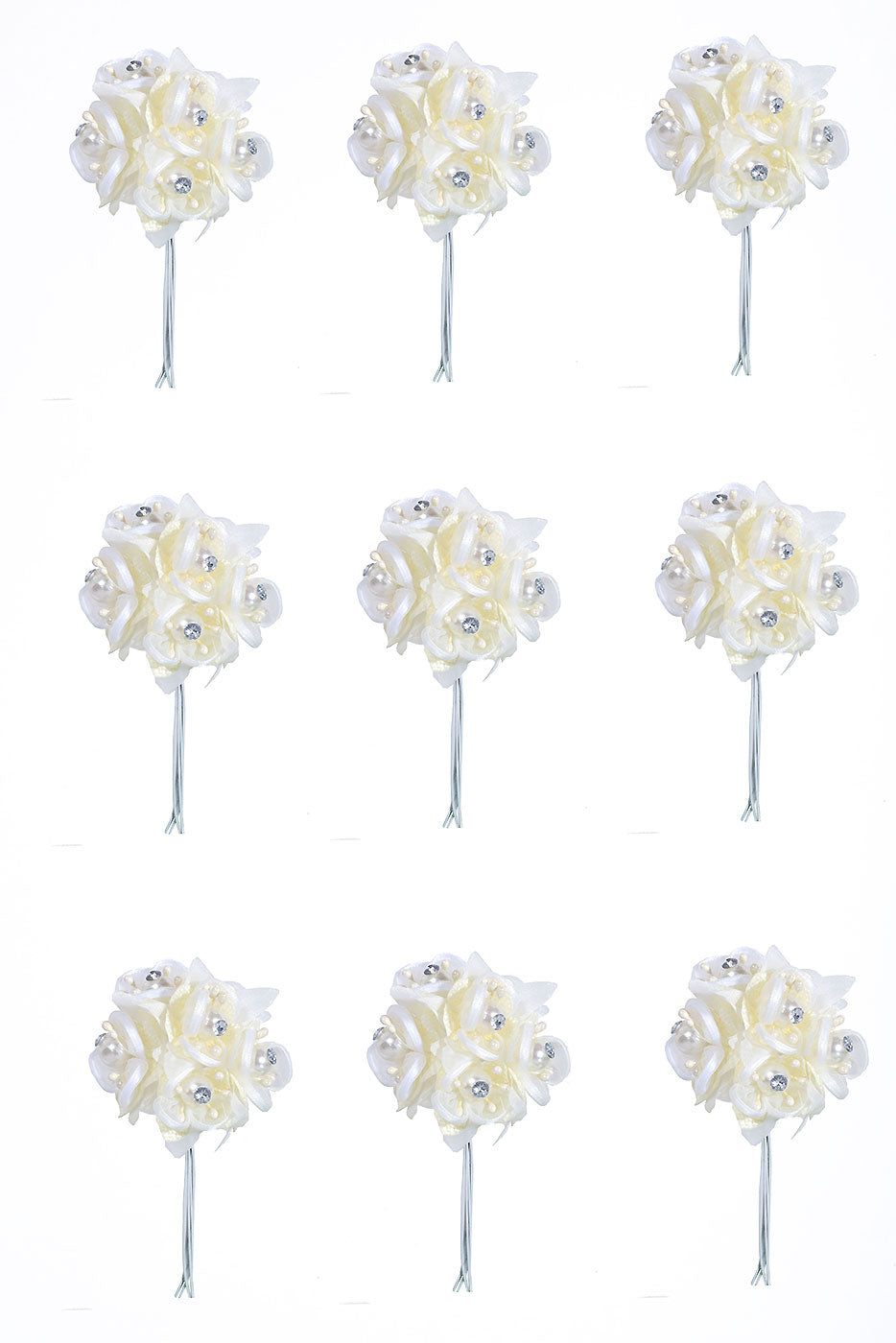 4" Organza Flower Pick W/Pearl & Rhinestone Ivory Pkg/12