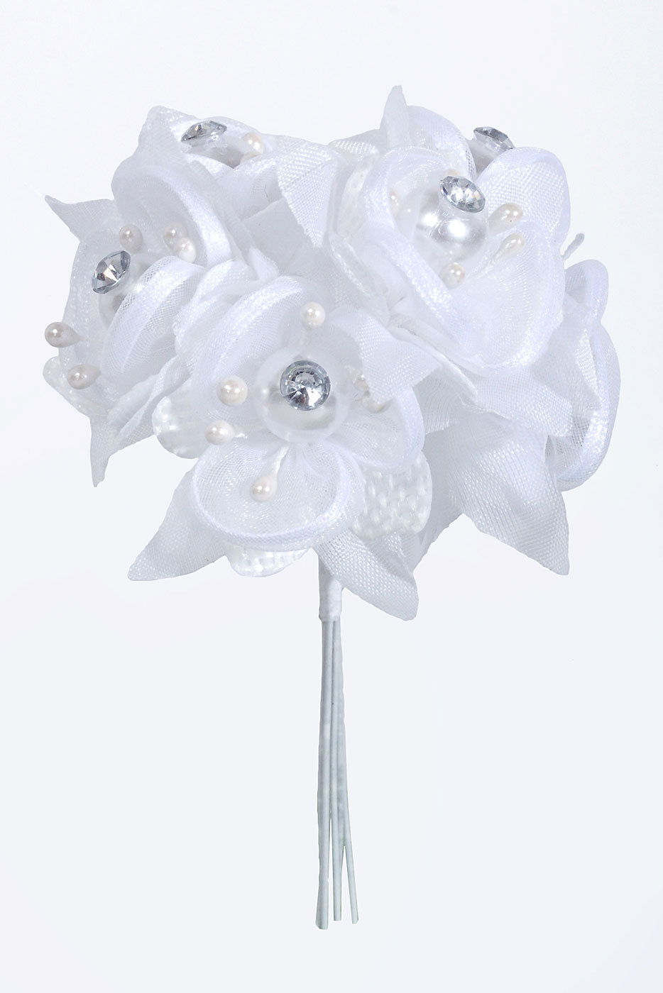 4" Organza Flower Pick W/Pearl & Rhinestone White Pkg/12
