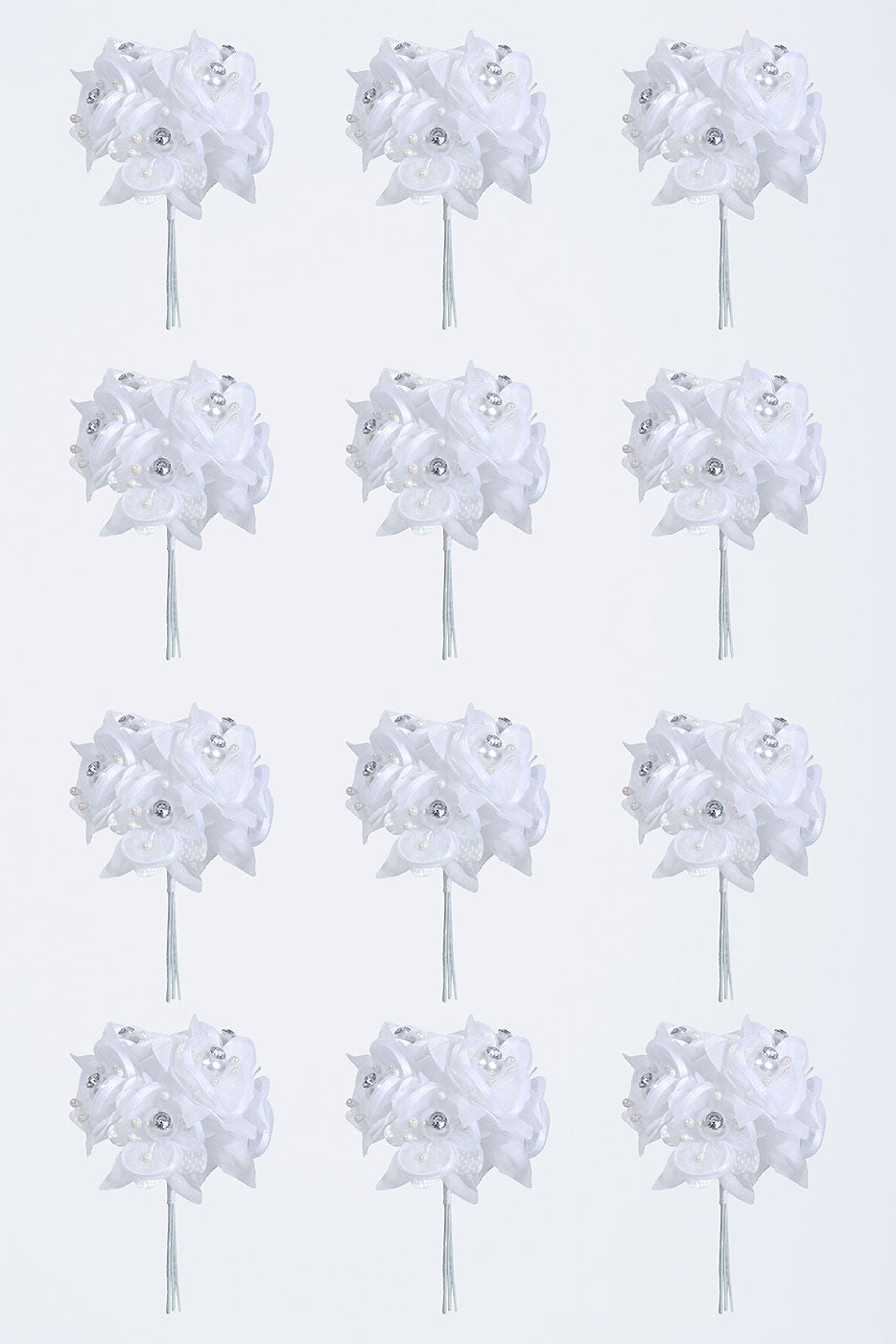 4" Organza Flower Pick W/Pearl & Rhinestone White Pkg/12