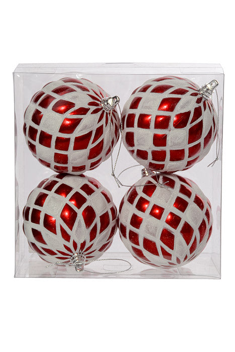 100Mm Design Ball Ornament Red/White Pkg/4