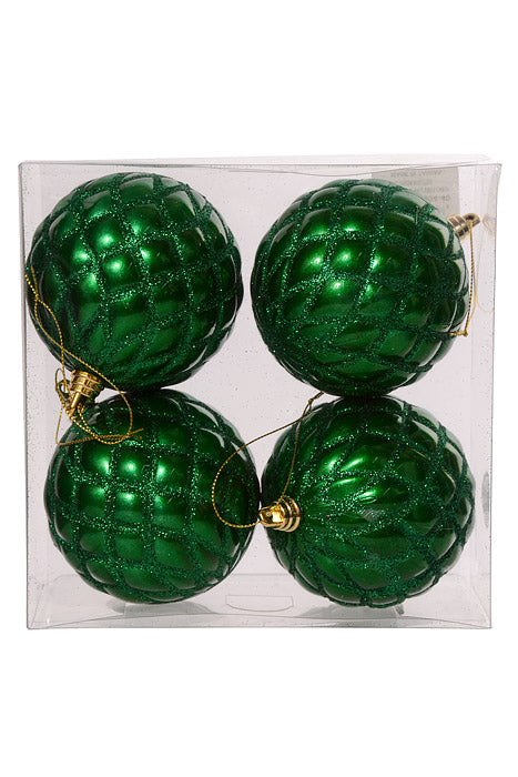 100Mm Design Ornament Ball With Glitter Green Pkg/4