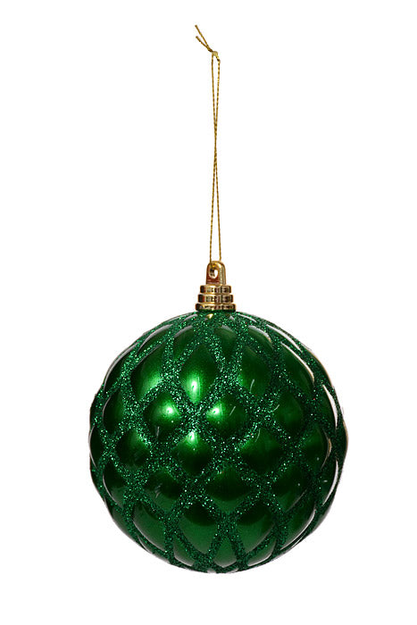 100Mm Design Ornament Ball With Glitter Green Pkg/4