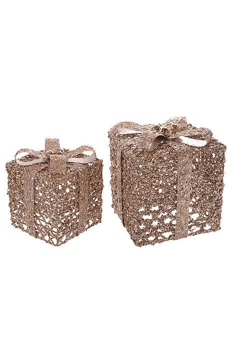 6"/8" Metal Gift Box Glitter With Bow Pink/Champagne Set/2