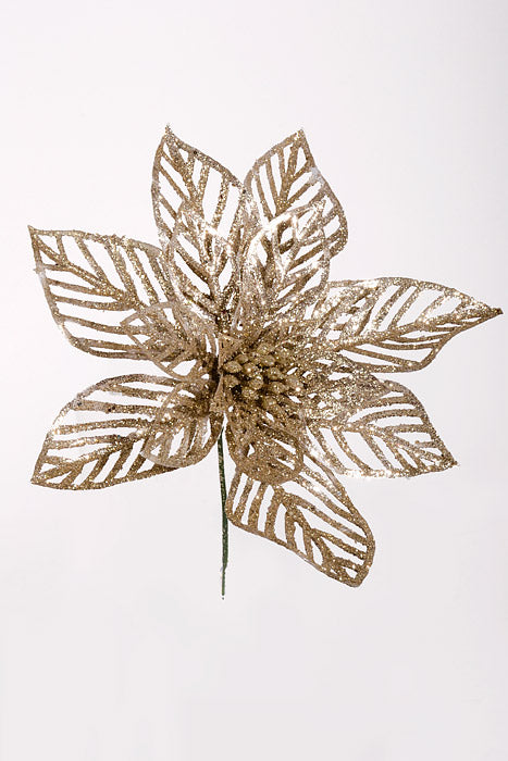 8.5" Glitter Poinsettia Stem Champagne Pkg/12