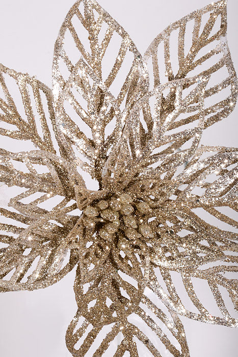 8.5" Glitter Poinsettia Stem Champagne Pkg/12