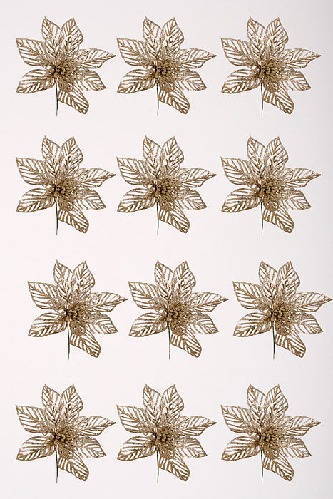 8.5" Glitter Poinsettia Stem Champagne Pkg/12