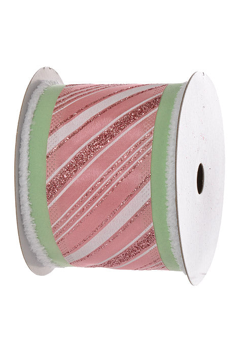 4" X 10Yds Wired Green Back Peppermint Stripe Ribbon White/Green/Pink