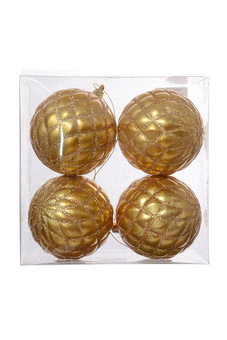 100Mm Design Ornament Ball With Glitter Gold Pkg/4