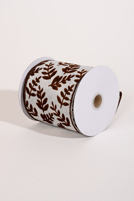 4" X 10Yds Wired Satin Flocked Fern Brach Ribbon White/Brown