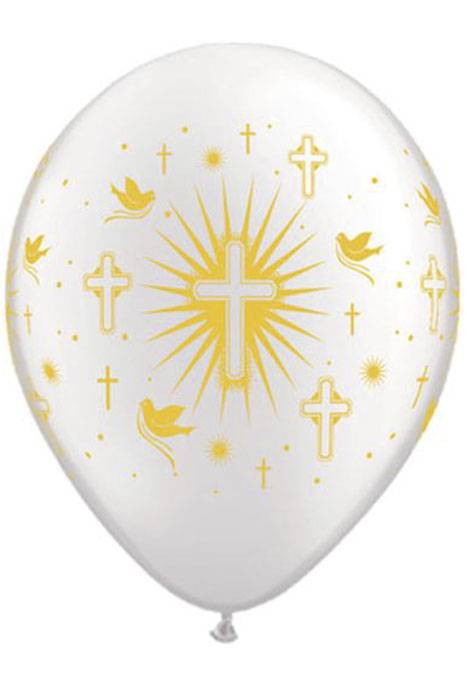11" Latex Cross & Doves Balloon White/gold Pkg/25