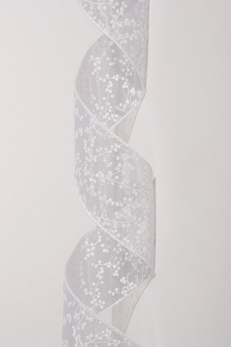 2.5" X 10Yds Wired Sheer Glittered Berry Branches Ribbon White
