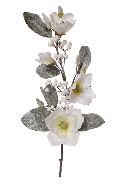 25" Glitter Magnolia Berry Spray White