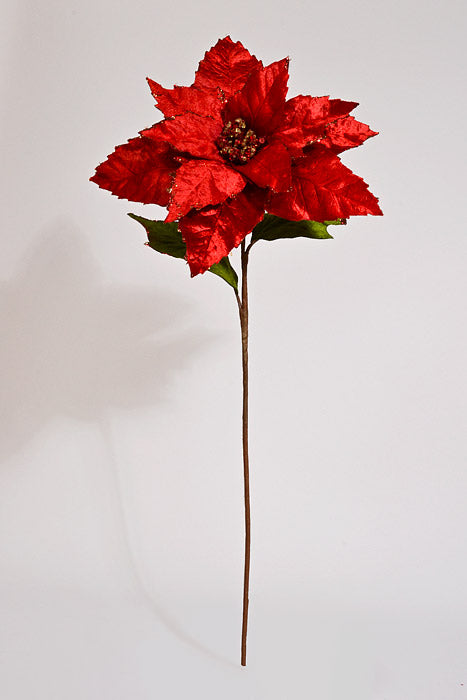23" Velvet Poinsettia with Glitter Stem Red