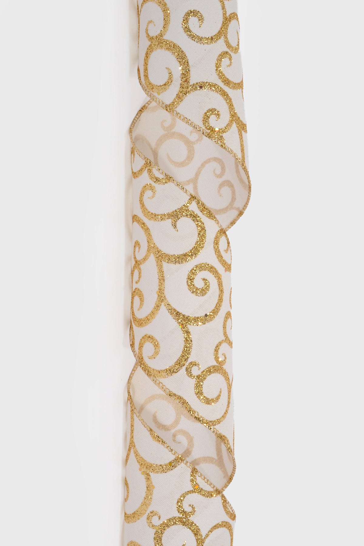 4" X 10Yds Wired Linen/Big Gold Glitter Swirls Ribbon Ivory