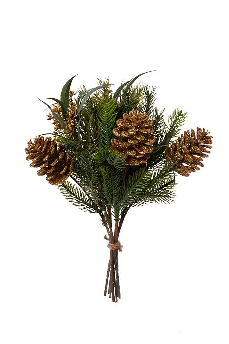16" Glitter Pine Cone Sedum Pine Bouquet Green/Gold