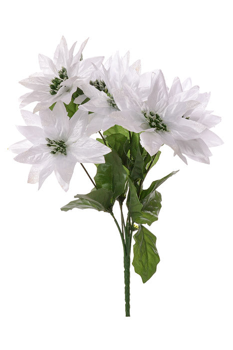 11" Poinsettia Bush With Glitter White