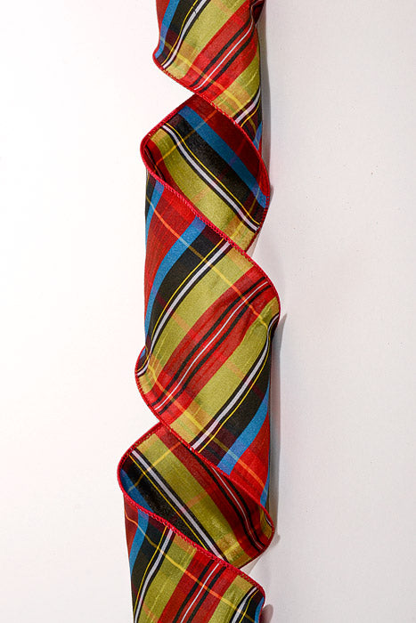 4" X 10Yds Wired Dupion Tartan Plaid Ribbon Lime/Black/Red/Blue