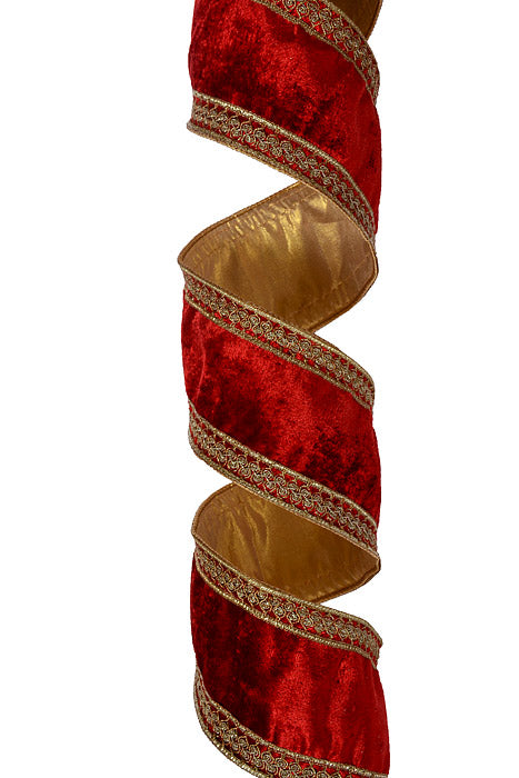 4" X 5Yds Wired Velvet Embroidery Gold Glitter Ribbon Red