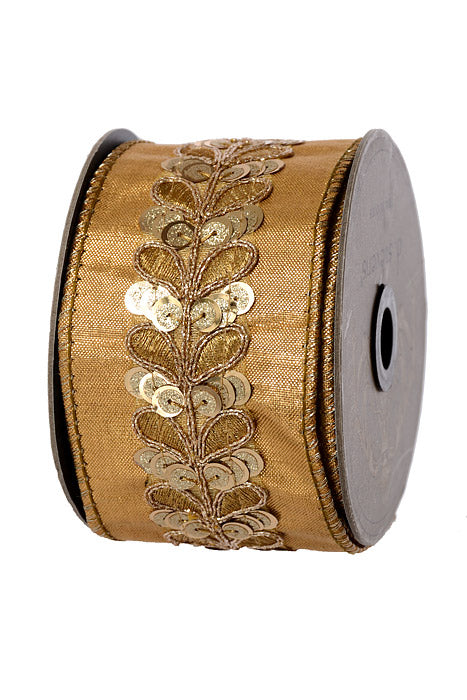 2.5" X 5Yds Wired Metallic Dupion Embellished Leaf Ribbon Gold