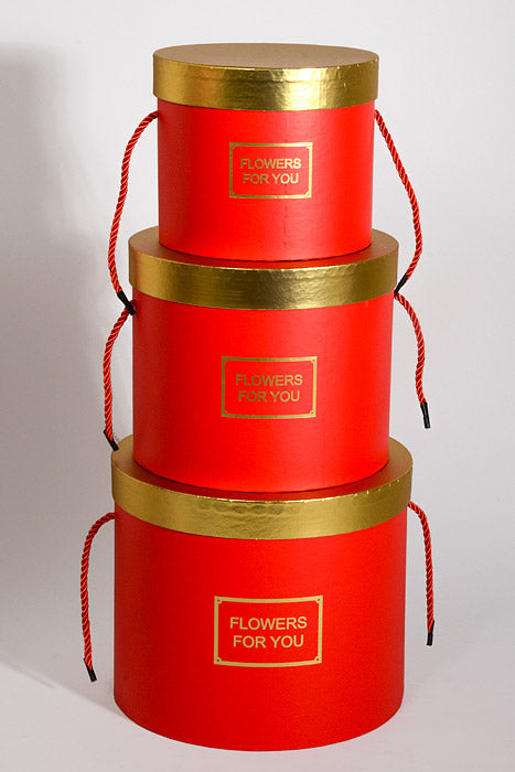 6.5"/8"/9" Round Gift Box W/Gold Lid Ribbon Red Set/3