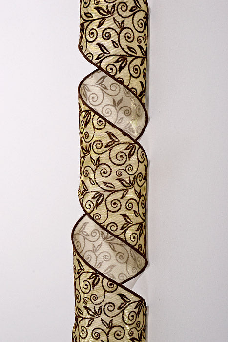 4" X 10Yds Wired Metallic Gold Honeycomb W/Flocked Swirls Ribbon Brown