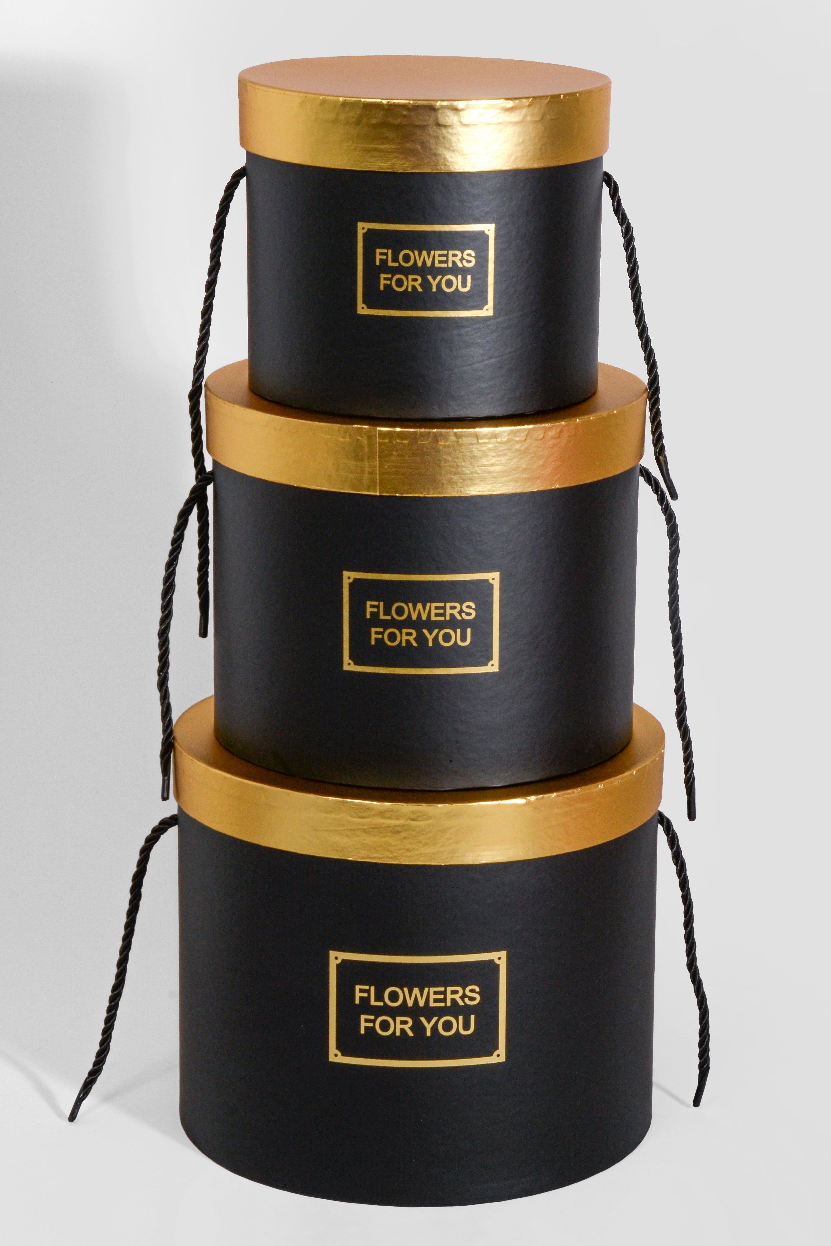 6.5"/8"/9" Round Gift Box W/Gold Lid Ribbon Black Set/3