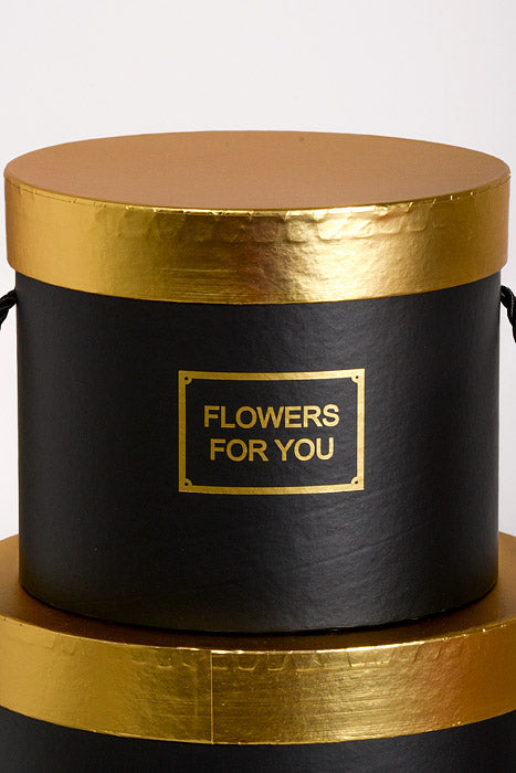 6.5"/8"/9" Round Gift Box W/Gold Lid Ribbon Black Set/3