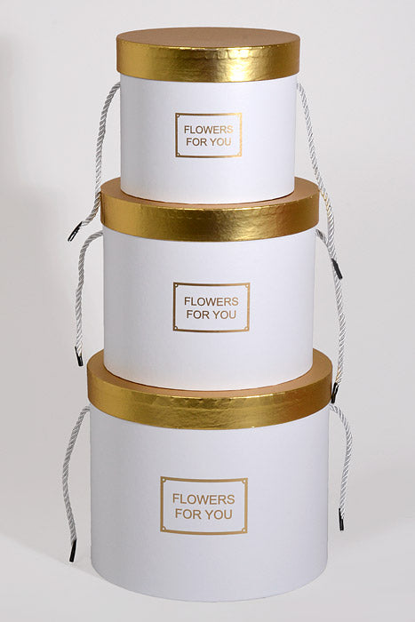 6.5"/8"/9" Round Gift Box W/Gold Lid Ribbon White Set/3
