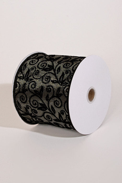 4" X 10Yds Wired Metallic Grey Honeycomb W/Flocked Swirls Ribbon Black