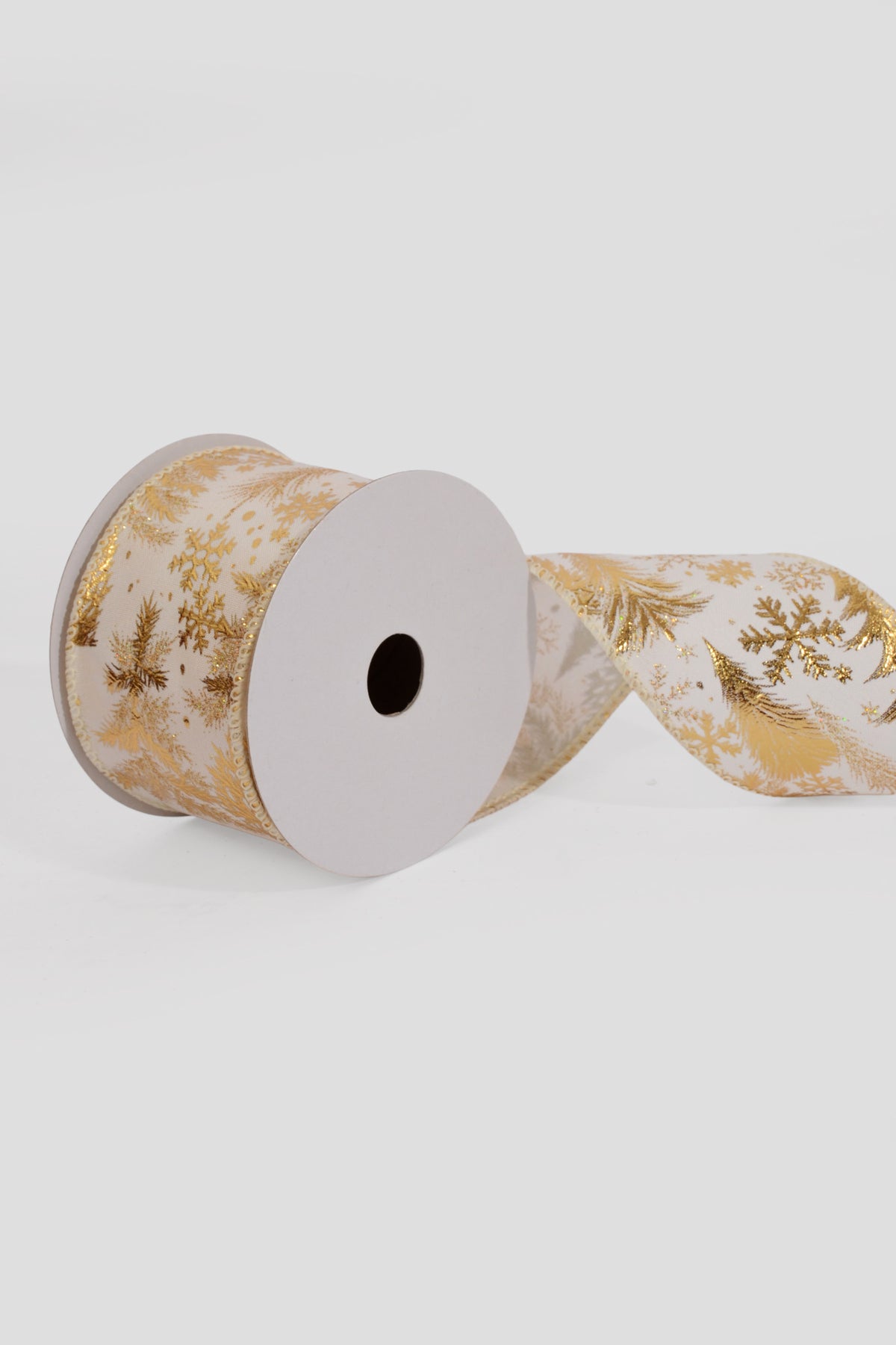 2.5" X 10Yds Wired White Satin/Gold Embossed Trees-Snowflake Ribbon
