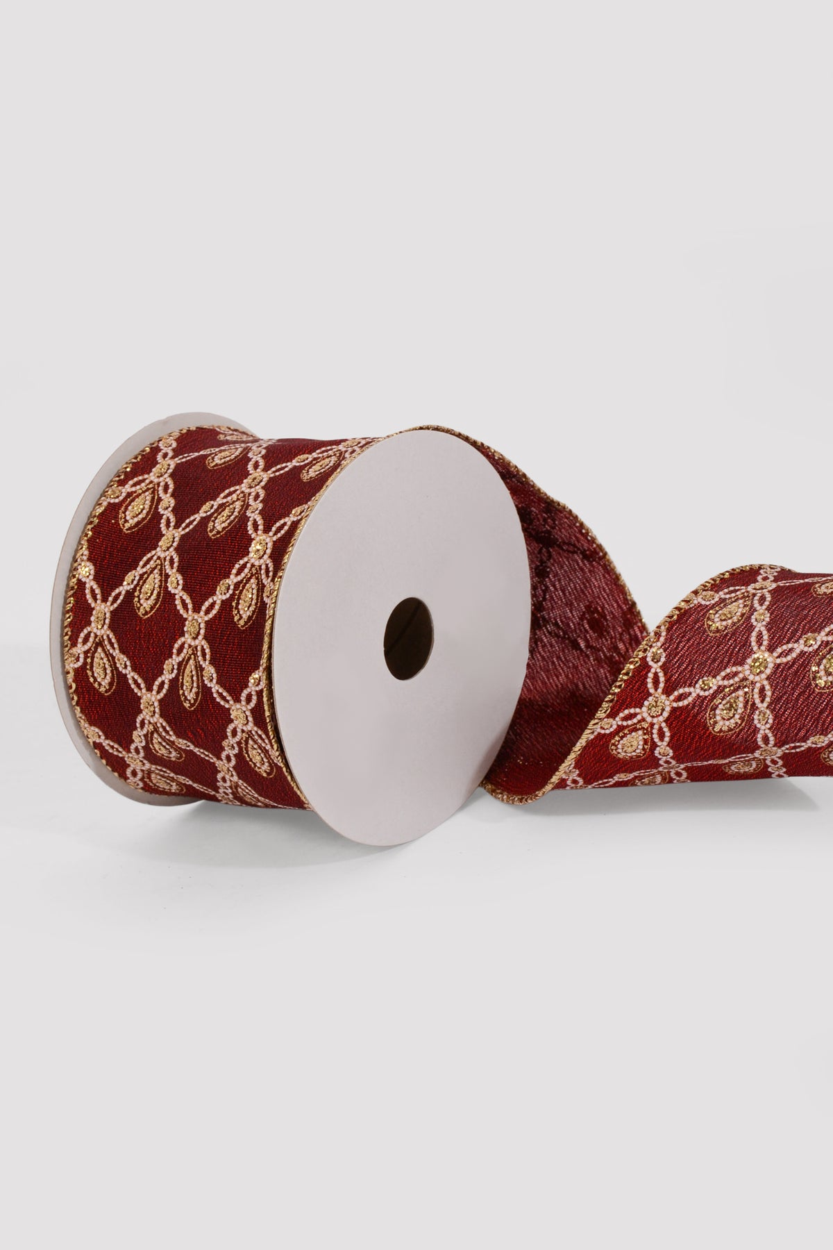 2.5" X 10Yds Wired Metallic Satin/Gold-White Jewel Diamonds Ribbon Burgundy