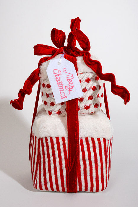 13" Fur Gift Box W/Polka Dots & Stripe Red/White