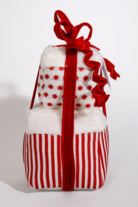 13" Fur Gift Box W/Polka Dots & Stripe Red/White