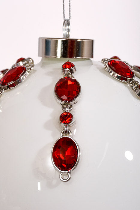 4.75" Glass Rhinestone Ball Ornament White/Red
