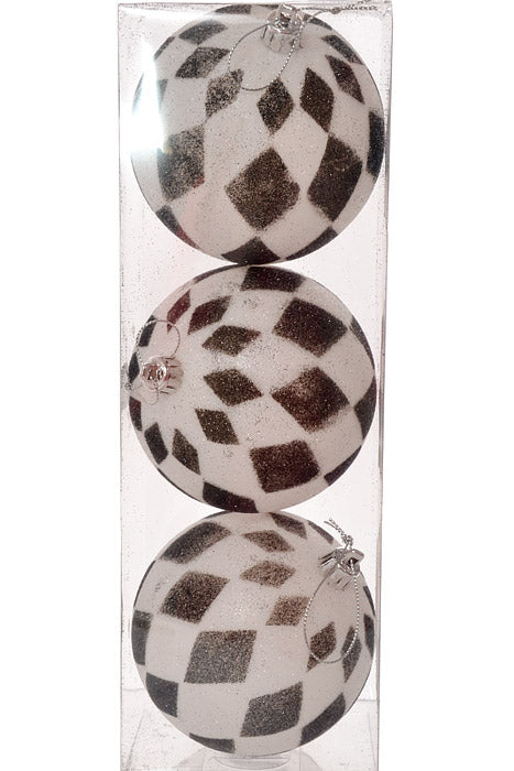 100mm Plastic Glitter Harlequin Ball Ornament Black/White Box-3